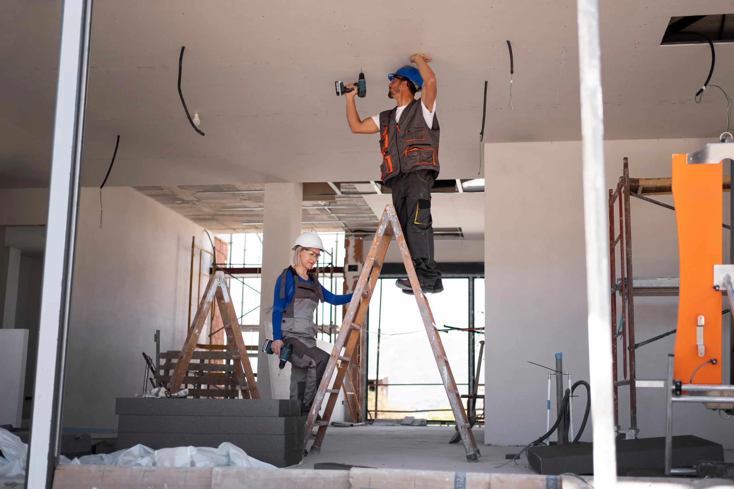 full-shot-man-woman-standing-ladder Basement development and renovation conractor calgary